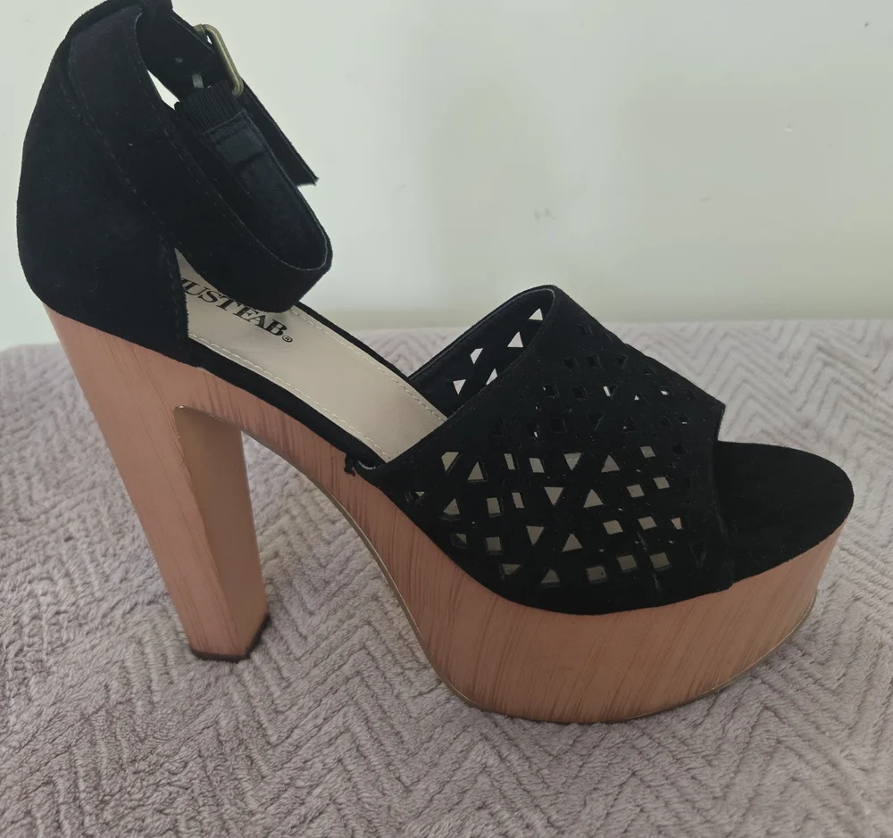 JustFab Black Laser-Cut Suede Platform Sandals with Wood-Effect Heel